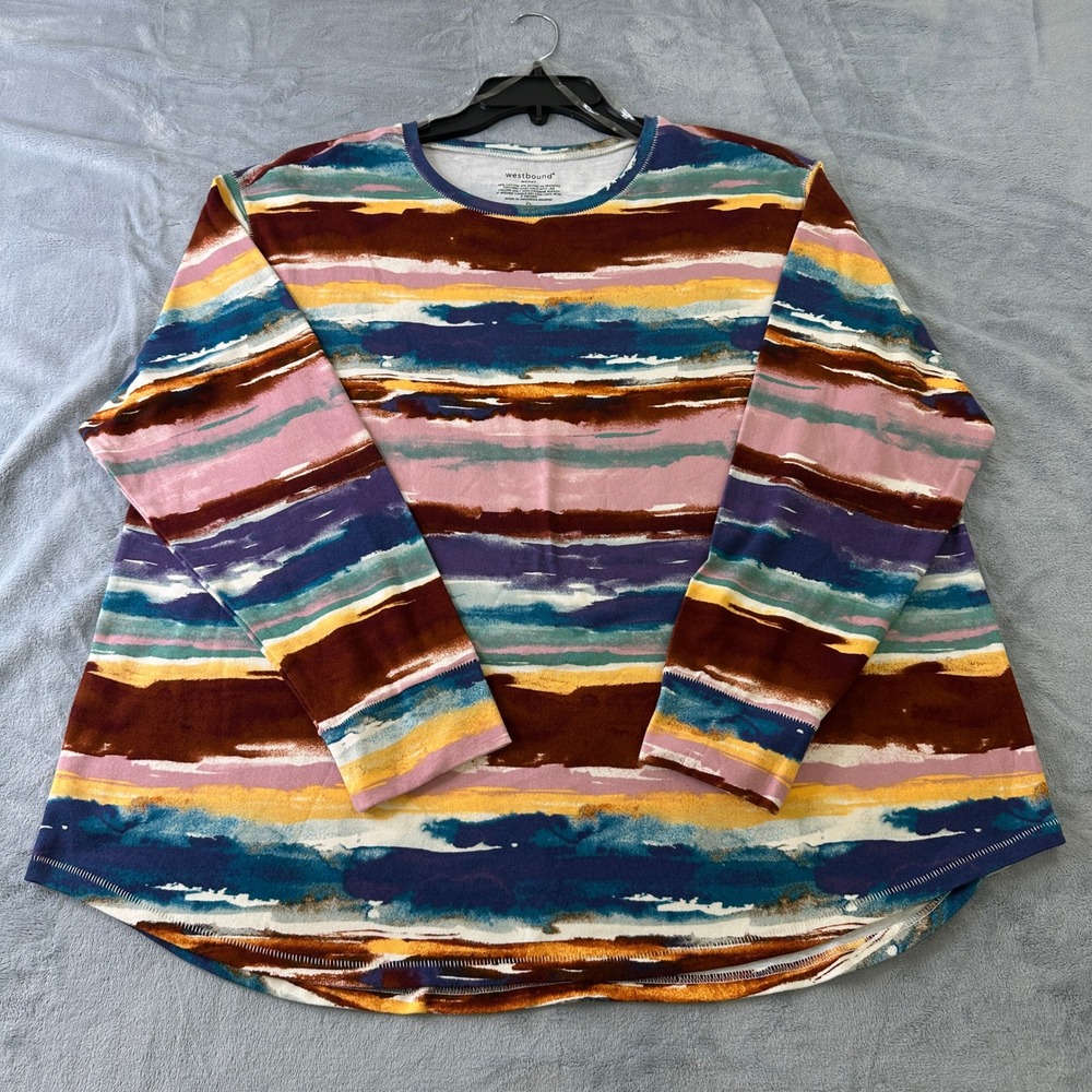 Westbound Woman 2X Top NWT Multi Color Abstract Stripe Rib Knit Long Sleeve